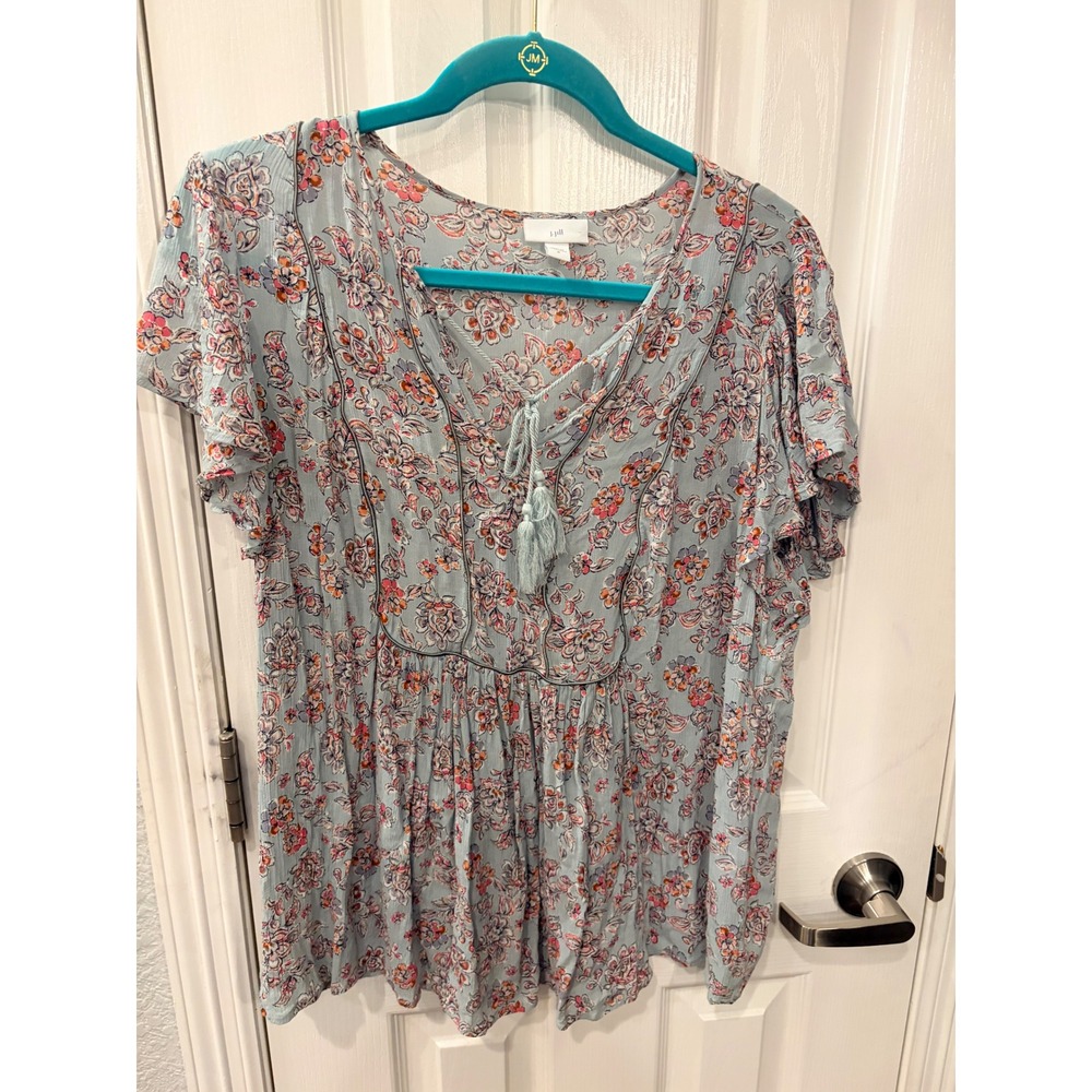 J. Jill Blouse Blue Floral Rayon Tassel Tie Boho Peplum Top Short Sleeve M